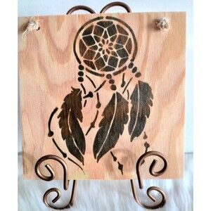 Handmade Dream Catcher Wood Burnished 8 1/2" X 8 1/2" Wall Hanging Country Decor